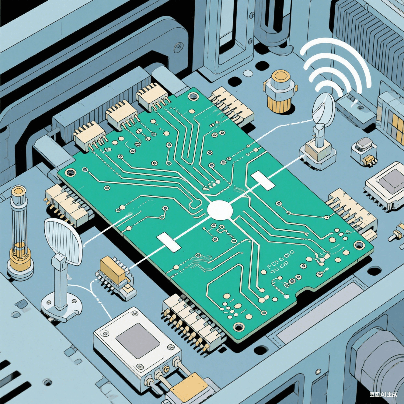 高頻通信設(shè)備中 PCB 陶瓷電路板的工作示意圖，顯示電路板上的高頻信號傳輸路徑，周圍有微波器件、天線等元件