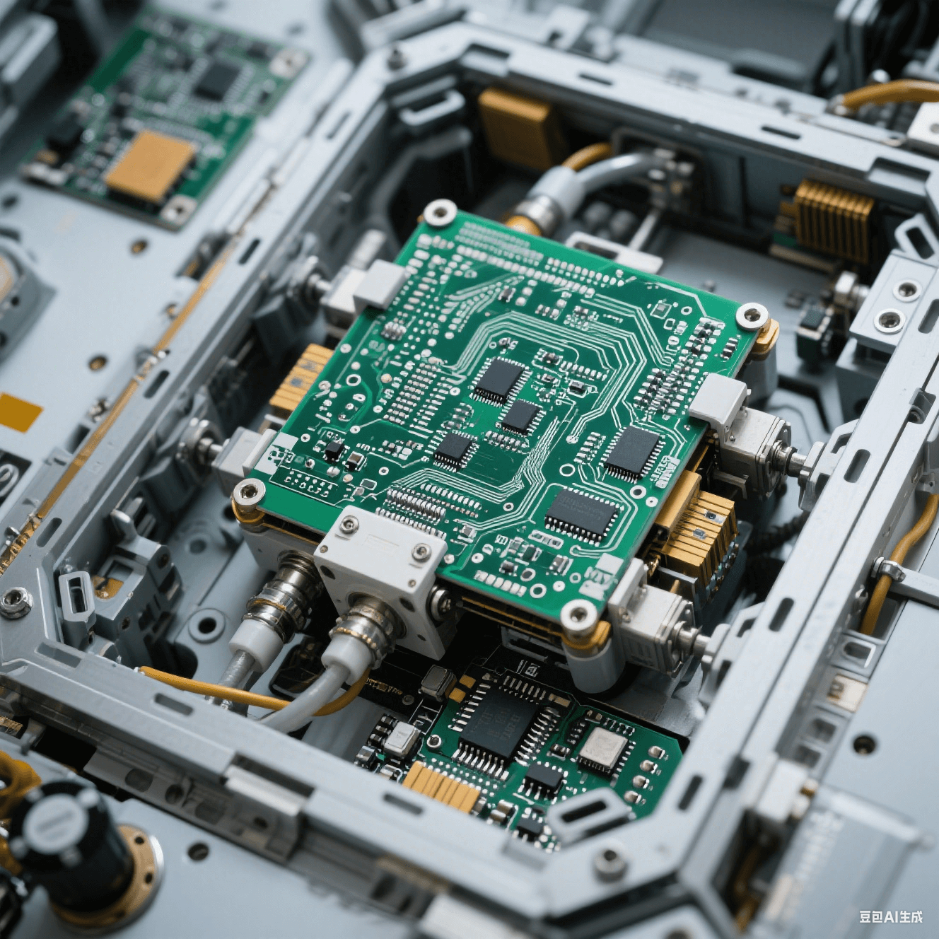 航空航天領(lǐng)域中使用的 PCB 陶瓷電路板圖片，展示其在衛(wèi)星星載電子設(shè)備中的安裝方式