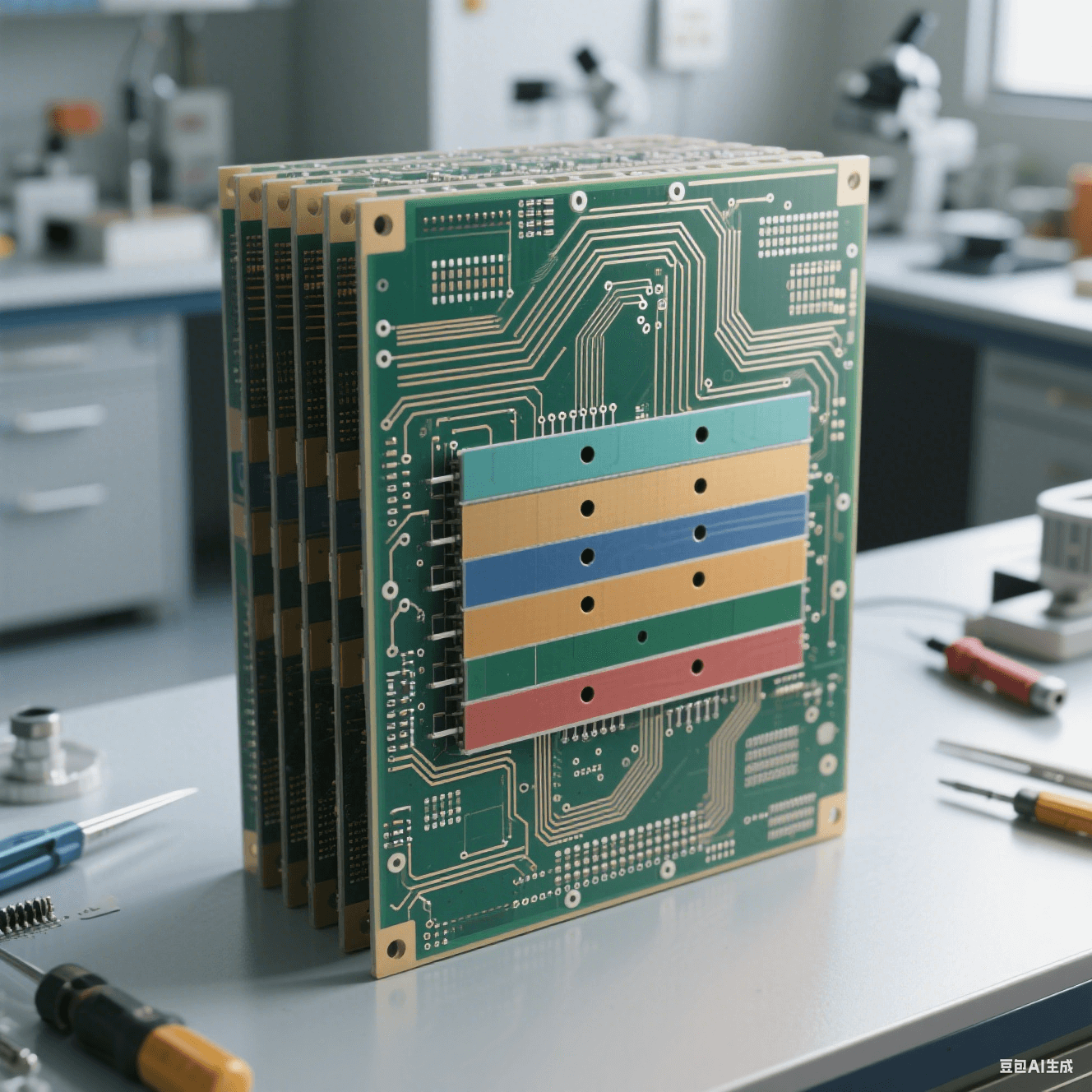 IC 封裝基板多層結(jié)構(gòu)示意圖，展示 3μm 線寬的線路層與絕緣層交替排列，微孔垂直互連設(shè)計，背景為實驗室操作臺面。