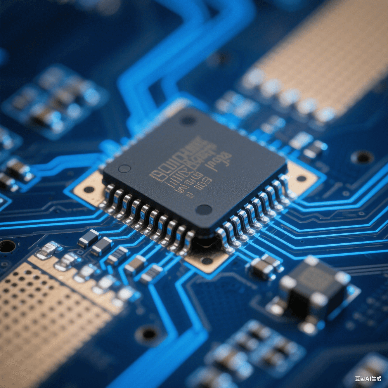 Flip Chip 倒裝芯片與封裝基板互連細節(jié)，顯示微米級焊點與信號傳輸路徑，背景為藍色電路板基底