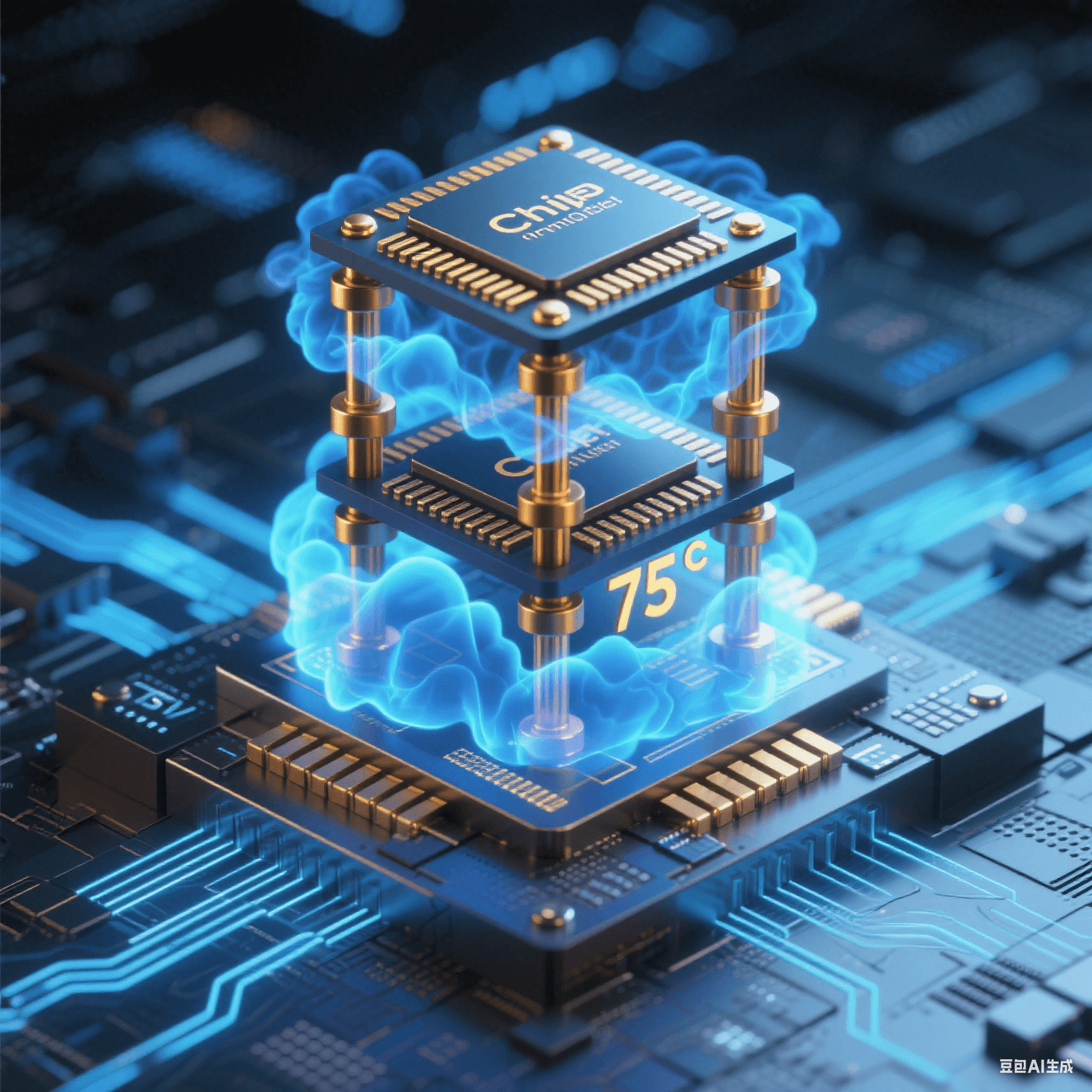 硅中介層上垂直堆疊 3 顆 Chiplet 芯片，銅微凸點(diǎn)如金色支柱連接，TSV 通孔散發(fā)藍(lán)色流光