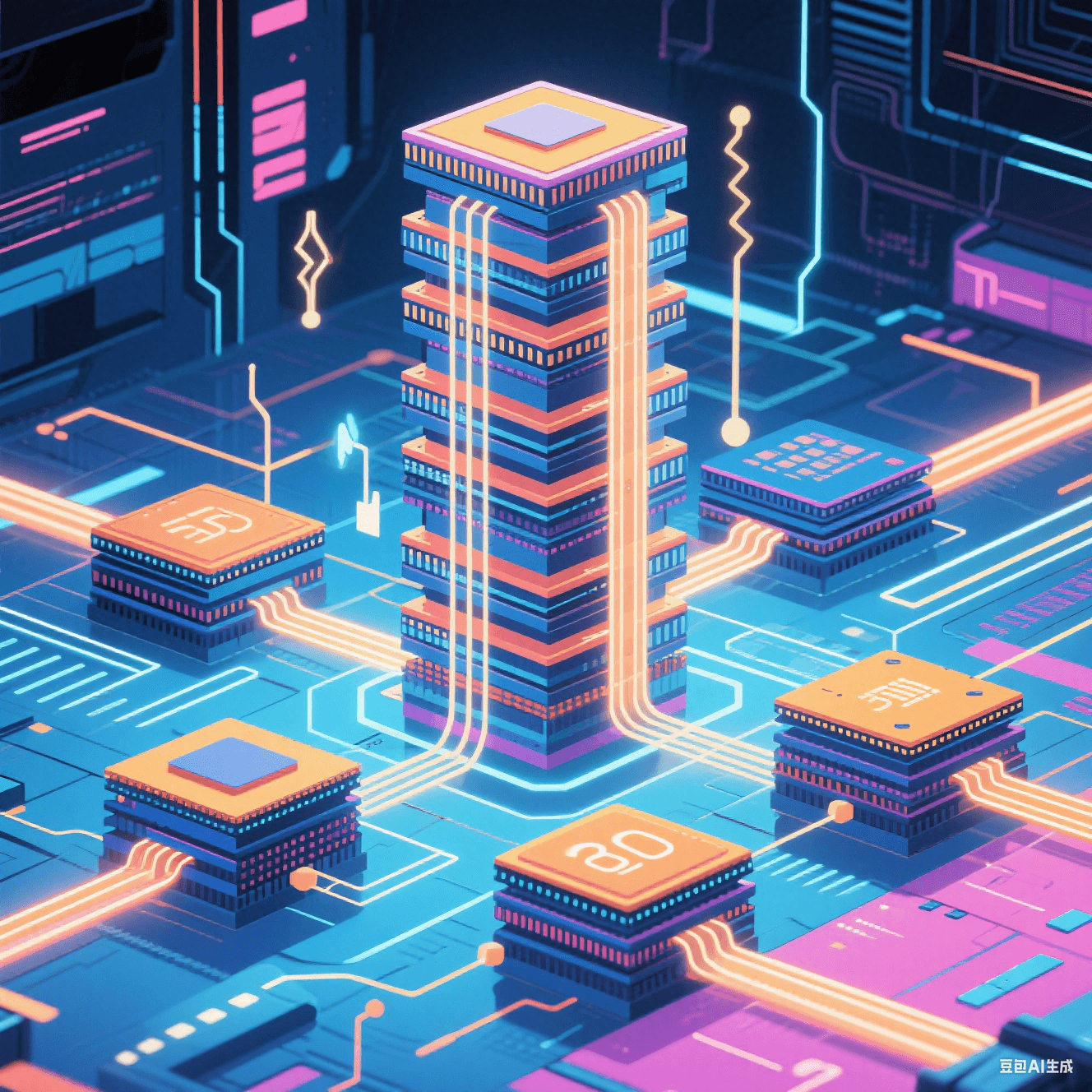 3D 封裝技術(shù)示意圖，多芯片堆疊通過 TSV 硅通孔互連，搭配微通道散熱結(jié)構(gòu)，呈現(xiàn) Chiplet 異構(gòu)集成場景。