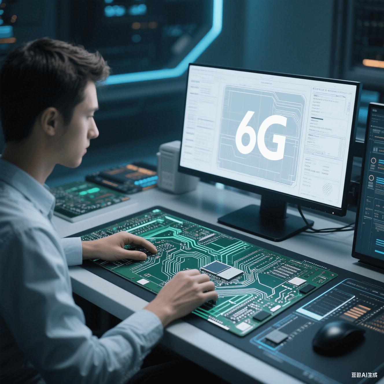 設(shè)計(jì)師使用碳?xì)錁渲透男跃郾矫训鹊蛽p耗基材進(jìn)行 6G 通信高速電路板設(shè)計(jì)，在電腦前進(jìn)行線路布局