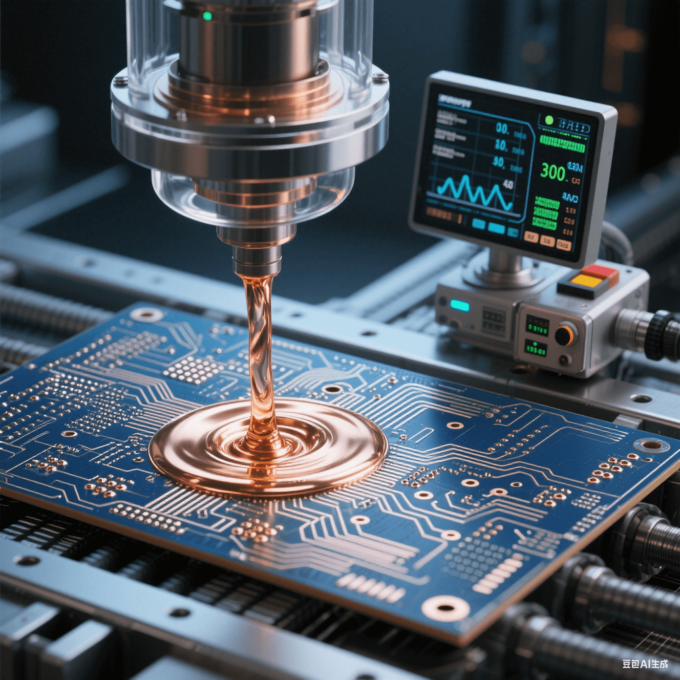 量子計算高速電路板使用真空填銅工藝，銅液在真空中填充微孔，旁邊監(jiān)控設備顯示參數(shù)