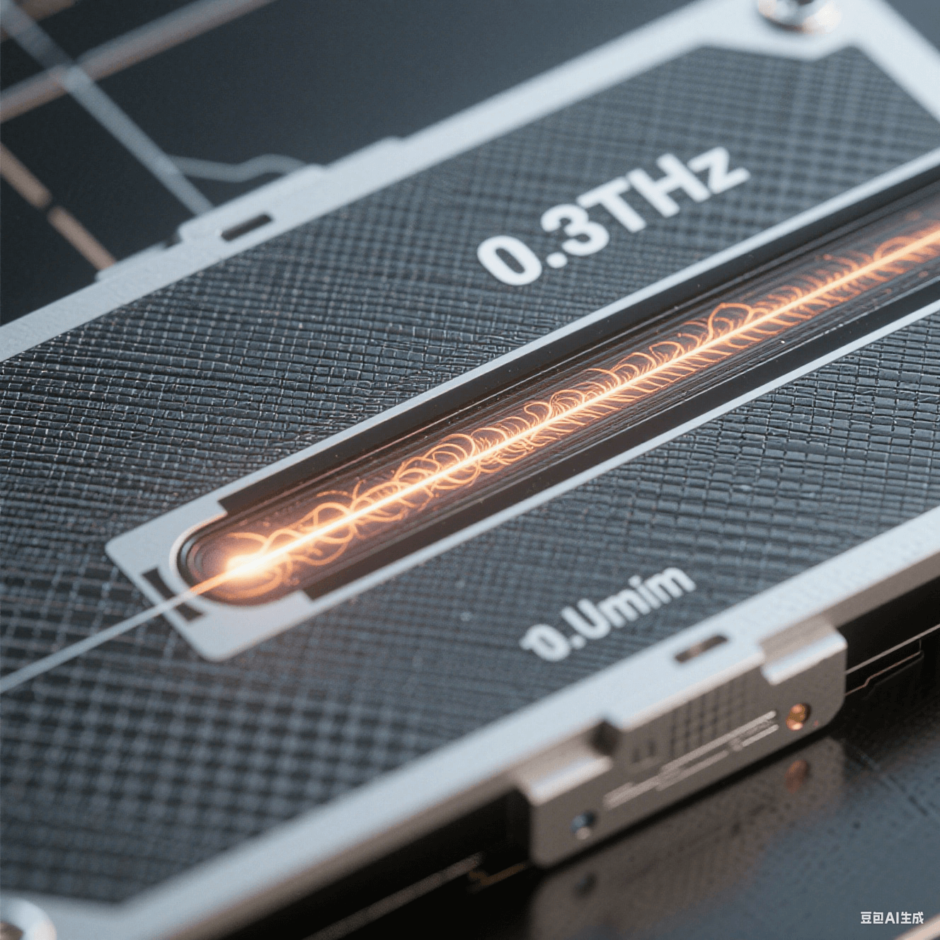 納米級(jí)太赫茲波導(dǎo)：石墨烯基板刻蝕1μm導(dǎo)波槽，電磁粒子流沿槽道傳輸，背景頻率標(biāo)注0.3THz