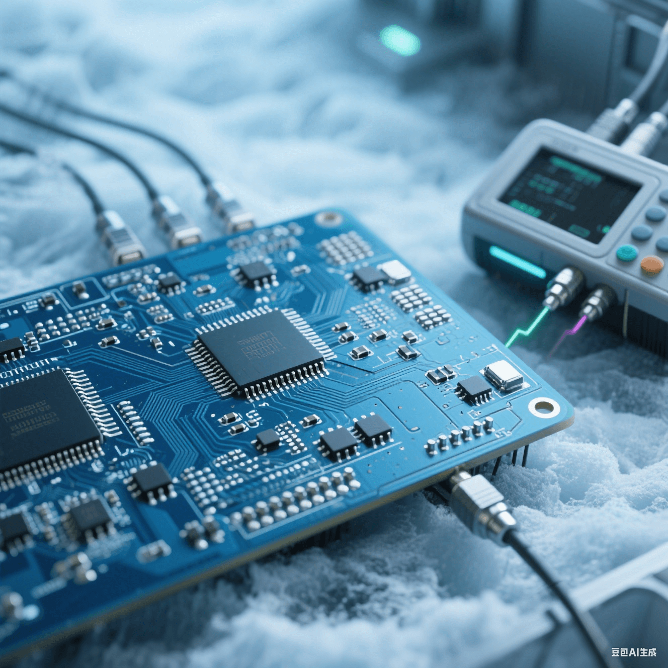 量子計算高速電路板在低溫測試環(huán)境，銦基焊料使焊點保持良好連接，旁邊儀器檢測信號完整性