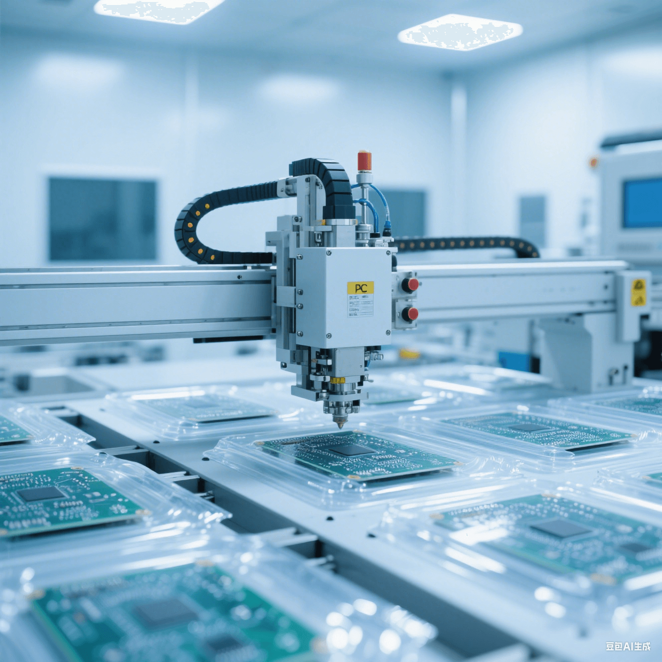 潔凈封裝車間內(nèi)自動(dòng)封裝設(shè)備對(duì) PCB 板進(jìn)行封裝，透明封裝材料在燈光下反光