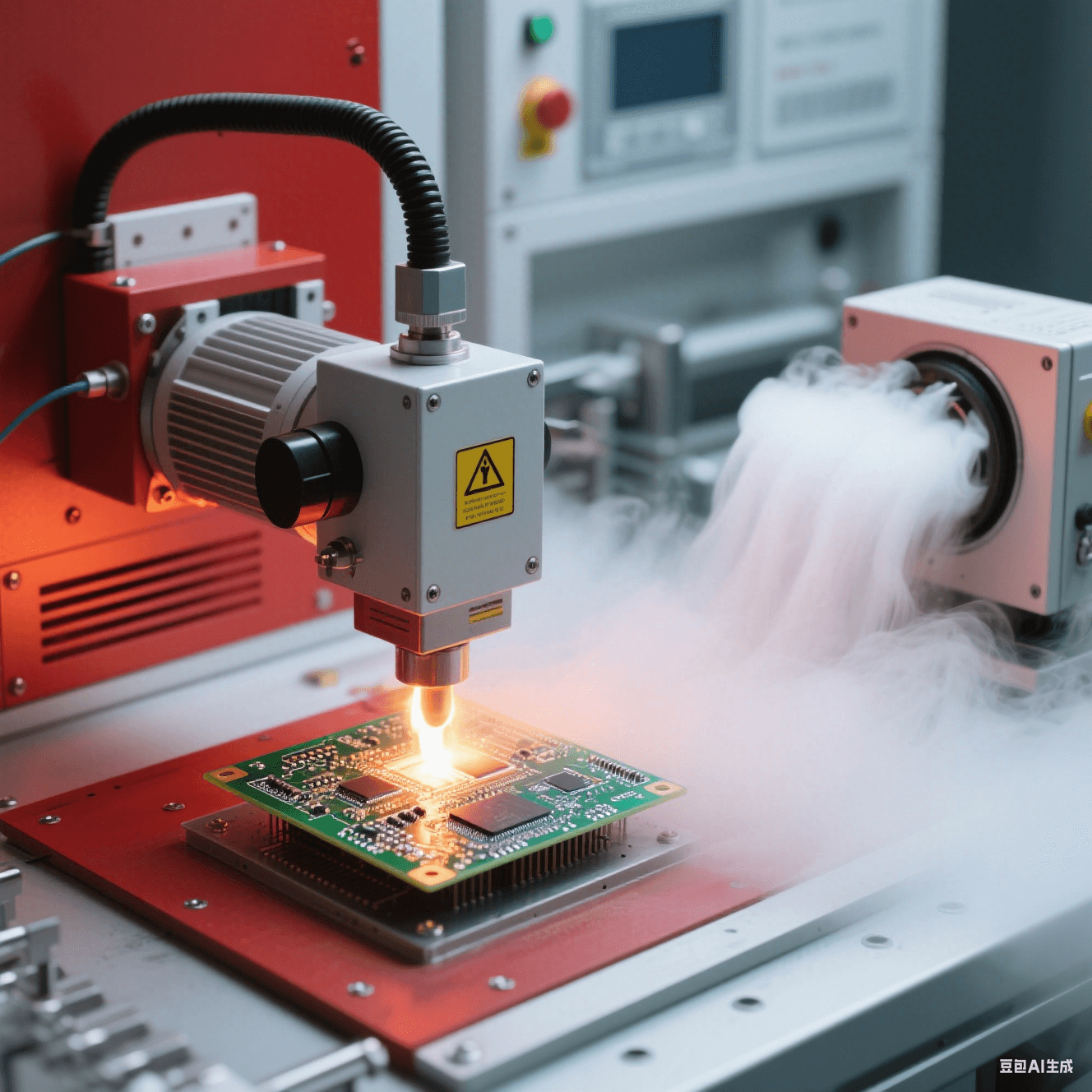 高溫測(cè)試實(shí)驗(yàn)室中加熱設(shè)備對(duì) PCB 板進(jìn)行測(cè)試，冷卻裝置散發(fā)白色霧氣