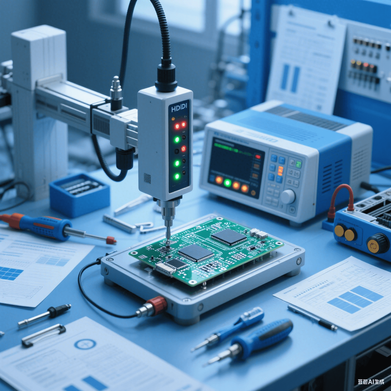 汽車電子測試車間內(nèi)測試儀器對 HDI 板進(jìn)行性能測試，儀器指示燈閃爍，周圍擺放測試工具與報(bào)告