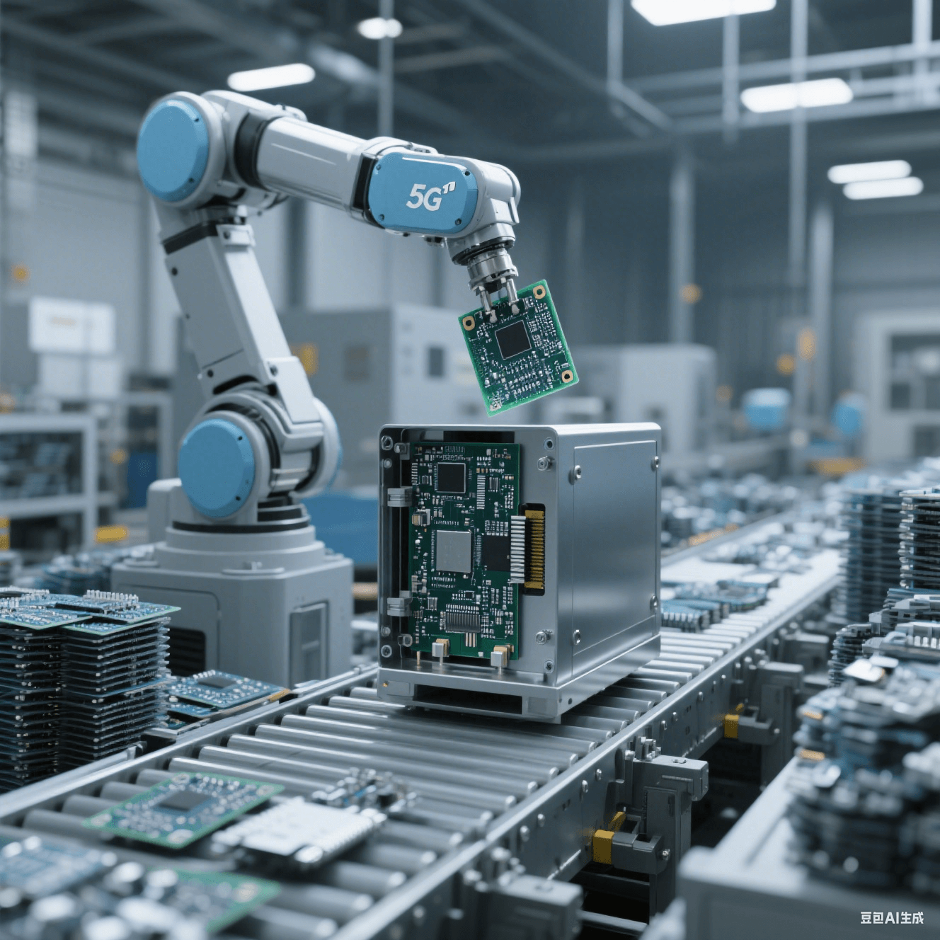 5G 基站組裝車間內(nèi)機(jī)械臂將 PCB 板安裝至金屬外殼，傳送帶堆放待組裝零件