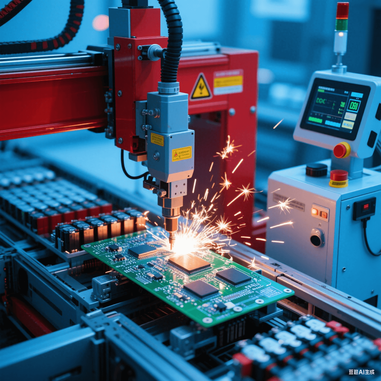 新能源汽車電池生產(chǎn)線中自動(dòng)化設(shè)備焊接 BMS 板，焊接火花閃爍，旁側(cè)檢測設(shè)備監(jiān)控質(zhì)量