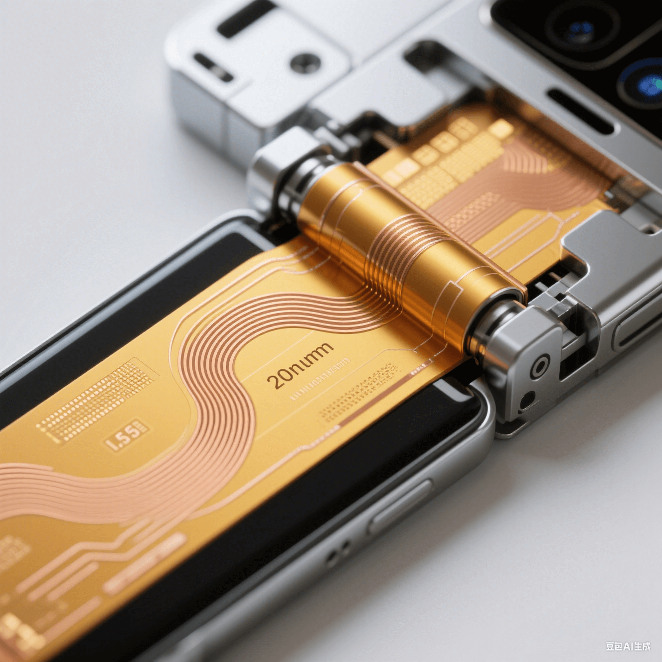 折疊屏手機(jī)鉸鏈內(nèi)部結(jié)構(gòu)特寫:25μm 聚酰亞胺柔性板實(shí)現(xiàn) 0.5mm 彎曲半徑與納米壓印應(yīng)力釋放技術(shù) 折疊屏手機(jī)鉸鏈內(nèi)部結(jié)構(gòu)特寫:25μm 聚酰亞胺柔性板實(shí)現(xiàn) 0.5mm 彎曲半徑與納米壓印應(yīng)力釋放技術(shù)