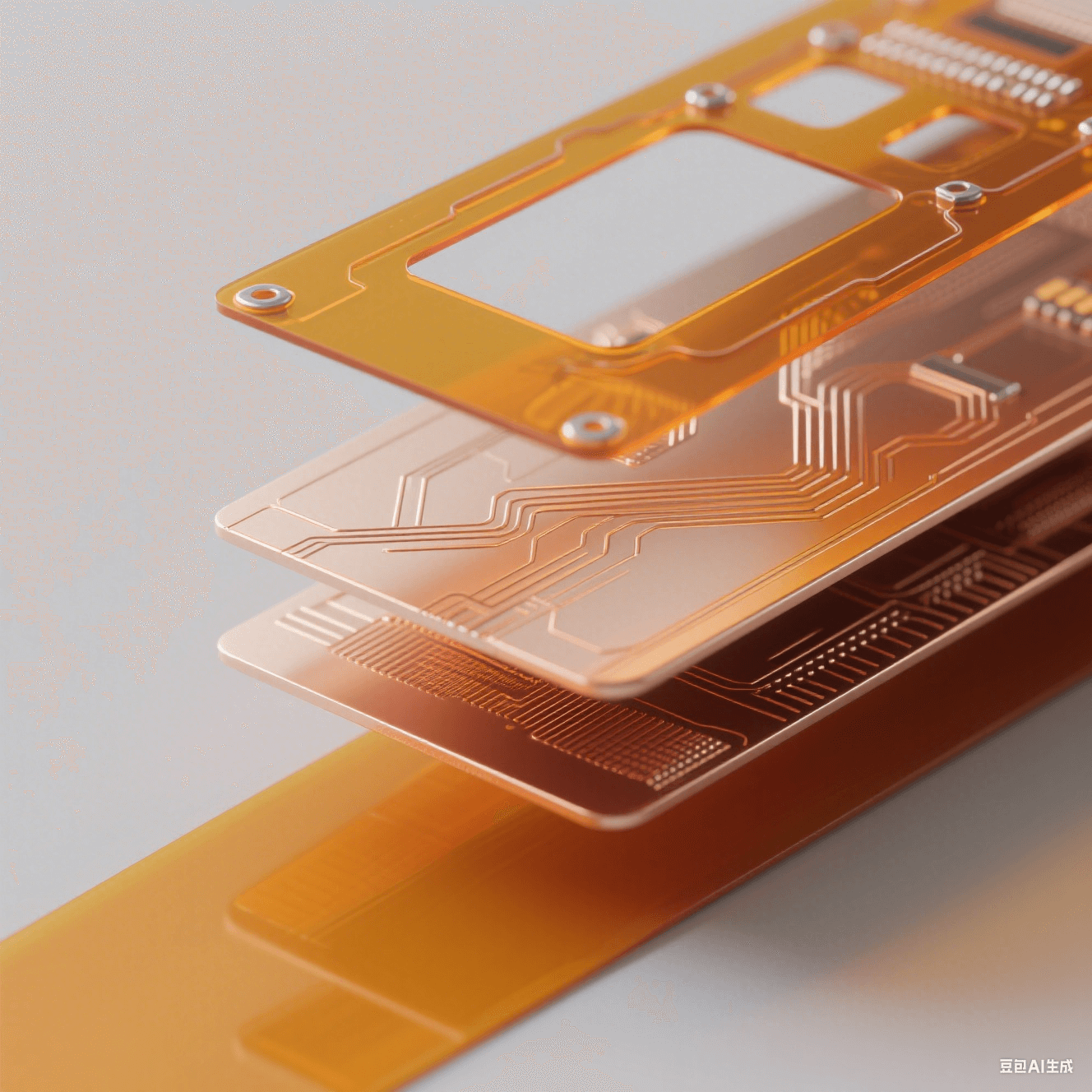 聚酰亞胺柔性板(PI FPC)核心結(jié)構(gòu)分解圖：展示PI基材、銅線路層與PI覆蓋膜