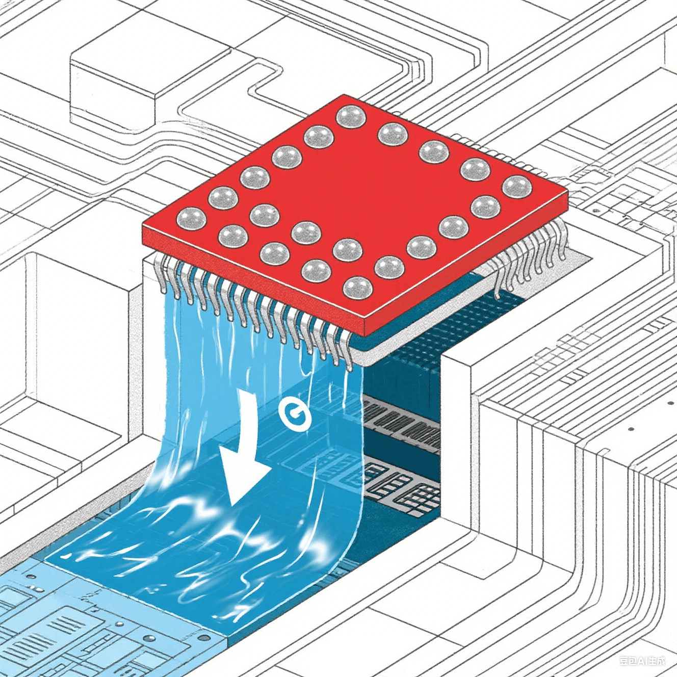 BGA封裝散熱原理：芯片核心紅色高溫區(qū)經(jīng)焊球陣列傳導至藍色低溫基板，箭頭指示15℃溫降，液態(tài)金屬在基板層流動