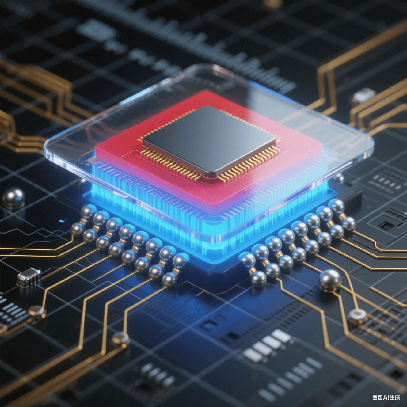 球柵陣列封裝剖面圖：展示電路板基座上芯片的底部銀色焊球陣列，金色導線連接中央硅晶片，內(nèi)部藍色信號路徑與紅藍漸變的散熱流向，背景帶微米級刻度尺