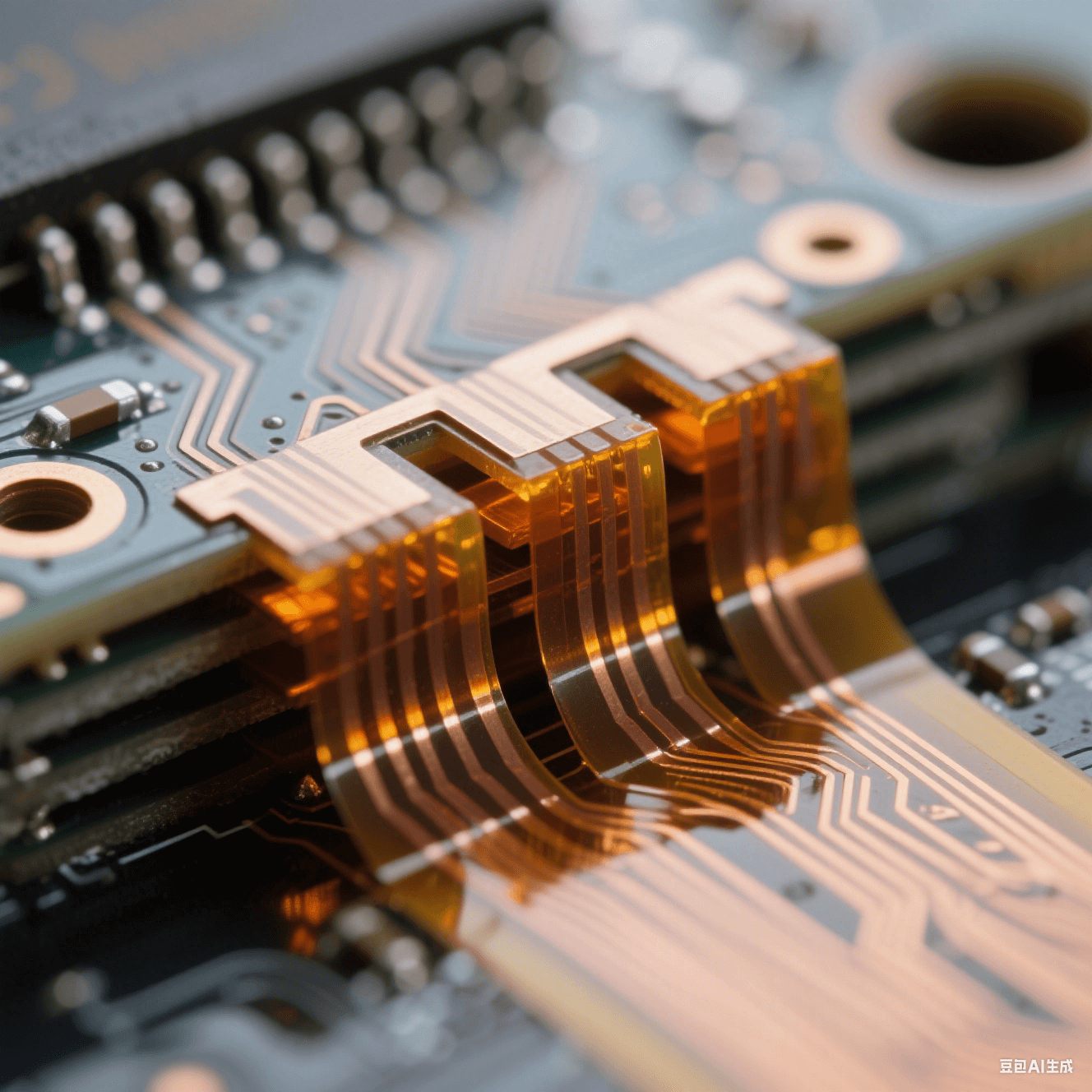 微距攝影：超薄聚酰亞胺薄膜與銅箔交錯疊加的橫截面，琥珀色半固化膠層如琥珀包裹電路，金屬光澤與啞光基材形成材質(zhì)對比