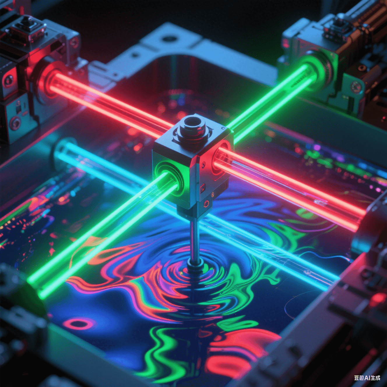 紅/綠/藍三色光軌沿XYZ軸規(guī)律脈動，電解液在透明電鍍槽內(nèi)形成非牛頓流體波紋，濃度梯度折射虹彩光暈