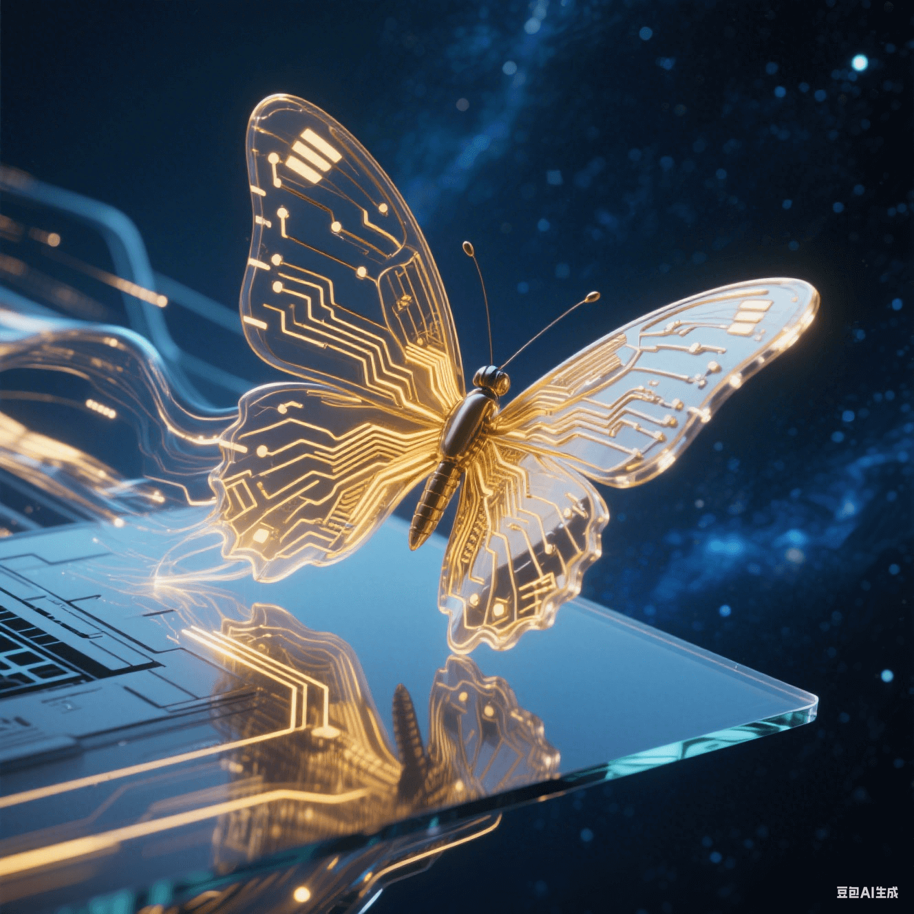 未來主義電子蝴蝶：半透明金色多層電路板如蝶翼般從玻璃基板破繭而出，流光粒子在柔性折疊處流動，背景深藍宇宙星塵