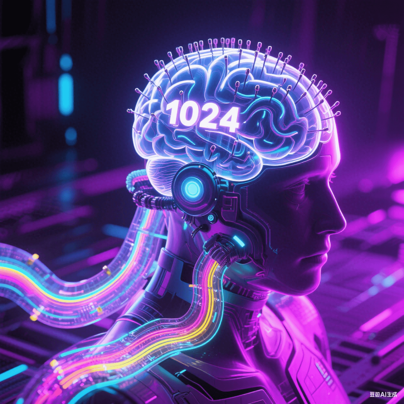 1024通道柔性電極陣列植入透明腦模型，思維脈沖化作彩色光波沿透明電路傳遞，賽博朋克紫調(diào)光影