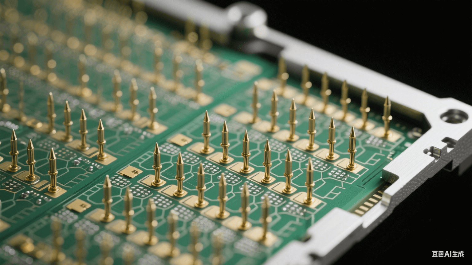 晶圓探針卡顯微結(jié)構(gòu)：殷鋼框架蜂窩陣列探針，3μm鍍金針尖以8-12gf接觸力壓接30μm焊盤，聚酰亞胺應(yīng)力緩沖層釋放機(jī)械應(yīng)力，翠綠色EMI屏蔽網(wǎng)隔離信號(hào)通道