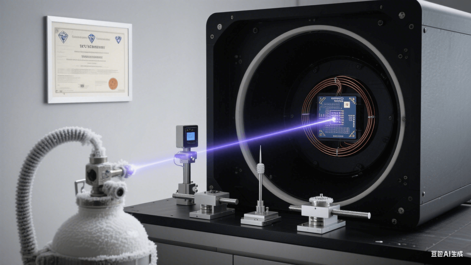 超導(dǎo)量子測(cè)試系統(tǒng)：液氦杜瓦瓶連接真空腔，超導(dǎo)線圈激發(fā)量子比特糾纏光軌，納米位移臺(tái)探針掃描芯片信號(hào)