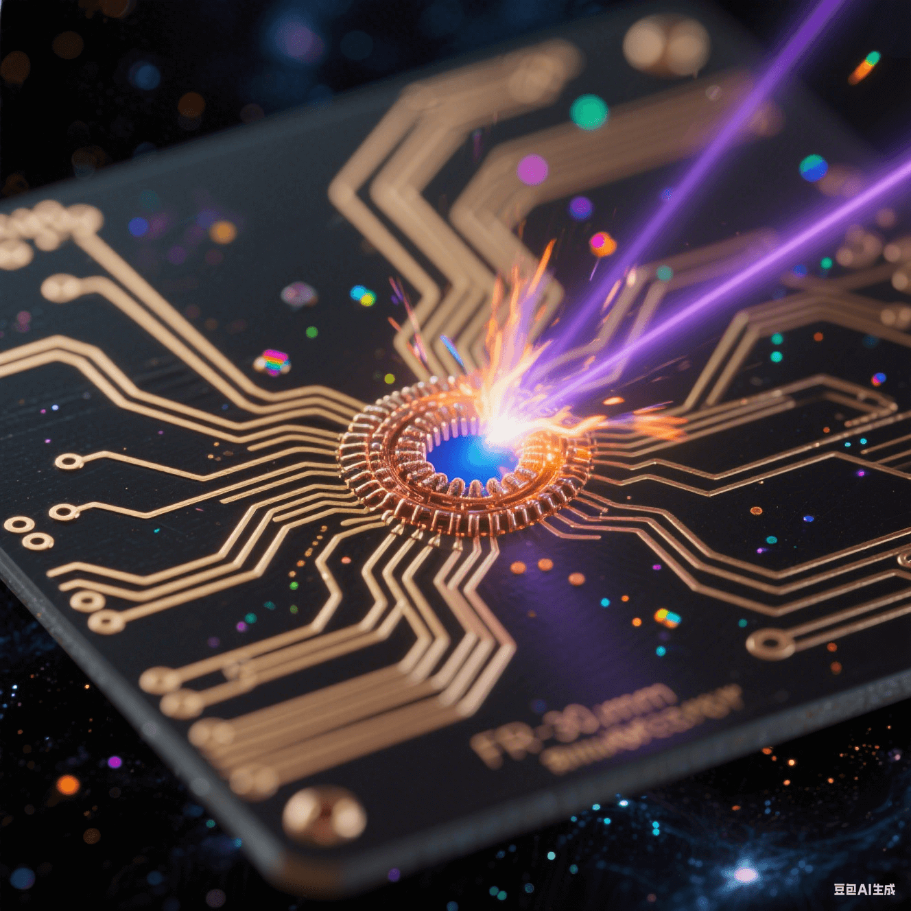 納米級(jí)電路激光雕刻：微觀視角下紫色光束在黑色基板上生成金色蛛網(wǎng)線路