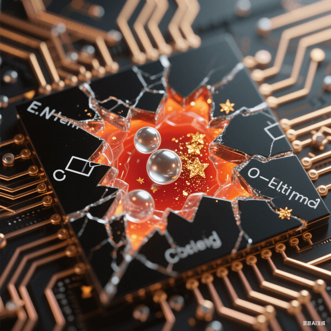 黑色電路裂紋中透明微膠囊破裂釋放液態(tài)銀球與金粉，橙紅聚合光暈沿銅網(wǎng)格擴散