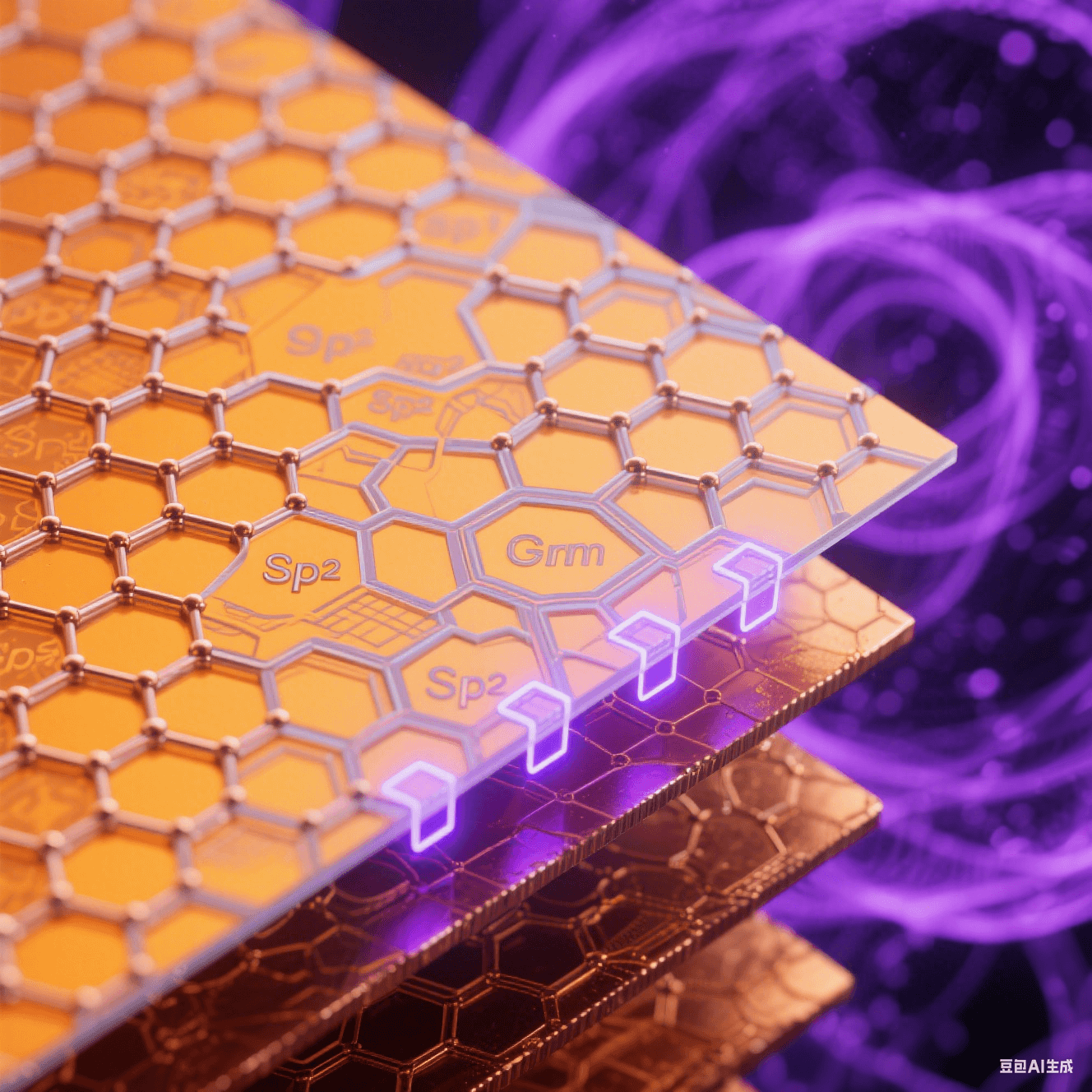 透射電鏡風(fēng)格界面層：橙黃銅晶格表面覆蓋碳六邊形網(wǎng)絡(luò)，鍵合處泛藍(lán)紫量子輝光，深紫電子云背景