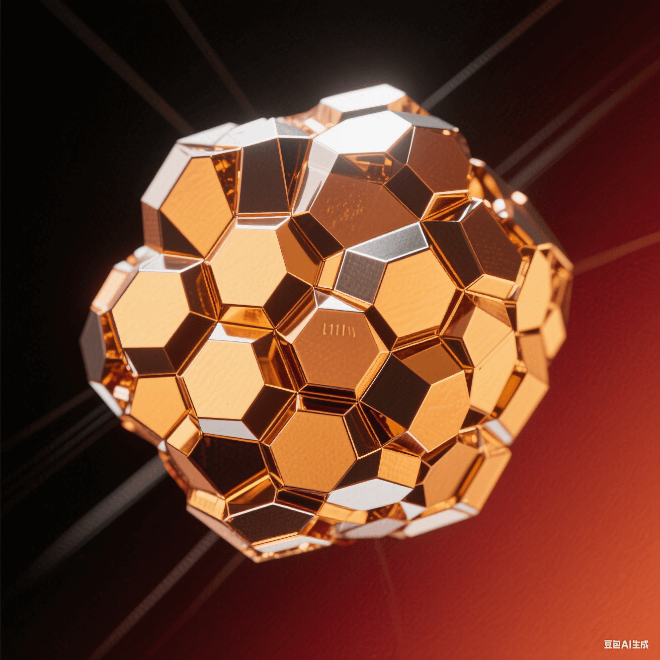 藝術(shù)化銅晶體顯微圖：暖金色等軸晶粒緊密鑲嵌，六邊形晶面反射定向光束，深紅背景強化金屬晶界光澤