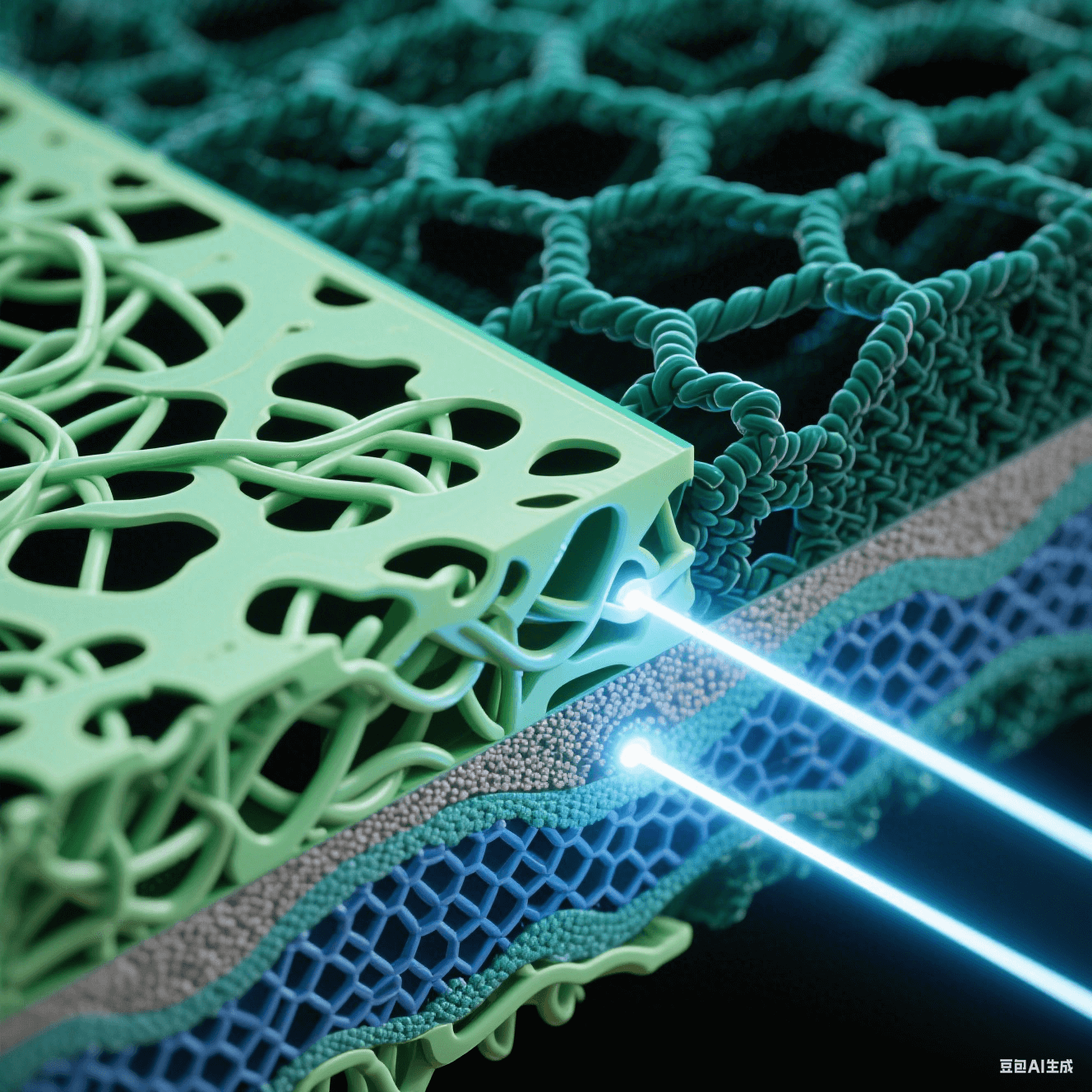 納米級樹脂剖面藝術(shù)圖：左側(cè)淺綠松散分子鏈含黑色孔隙，右側(cè)墨綠致密交聯(lián)網(wǎng)絡(luò)呈剛性六邊形，青白紫外光束穿透層間