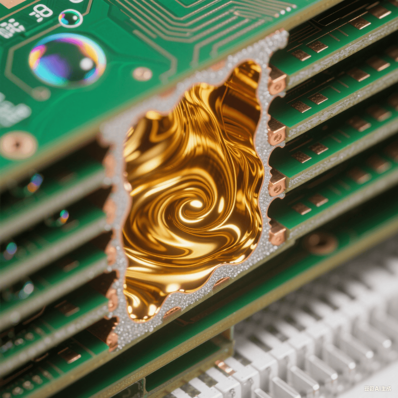 顯微視角下黃金電解液填充HDI板微孔的過程，鏡面銅層沉積于孔壁，多層啞光綠阻焊與古銅導電層交替，呈現(xiàn)高密度互連板的脈沖電鍍填孔先進工藝