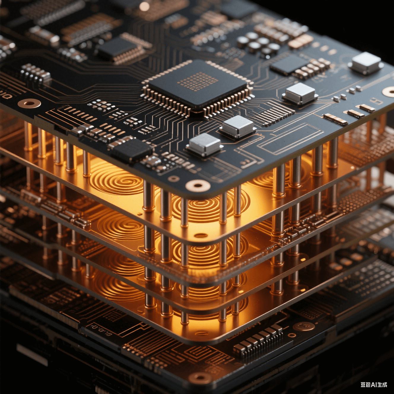 電鏡級HDI板3D堆疊截面，銀灰陶瓷電容嵌入層間介質，螺旋銅孔與散熱銅柱展現(xiàn)2.5D封裝材料界面科學
