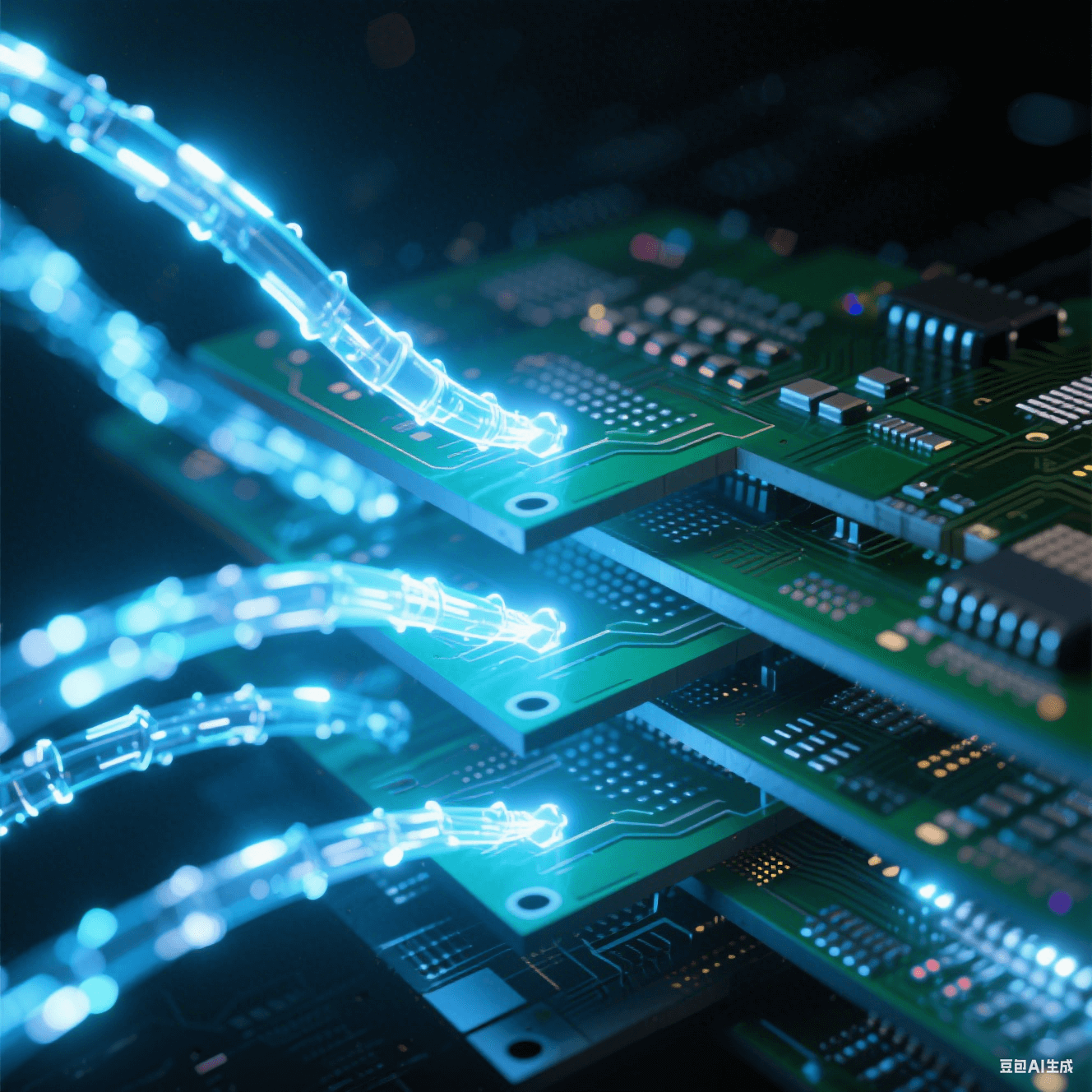 抽象光跡呈現(xiàn)多層電路板內部電磁脈沖流沿微孔矩陣躍遷，藍白信號束在深黑PCB截面散射虹彩，詮釋高頻高速板的信號完整性設計原理