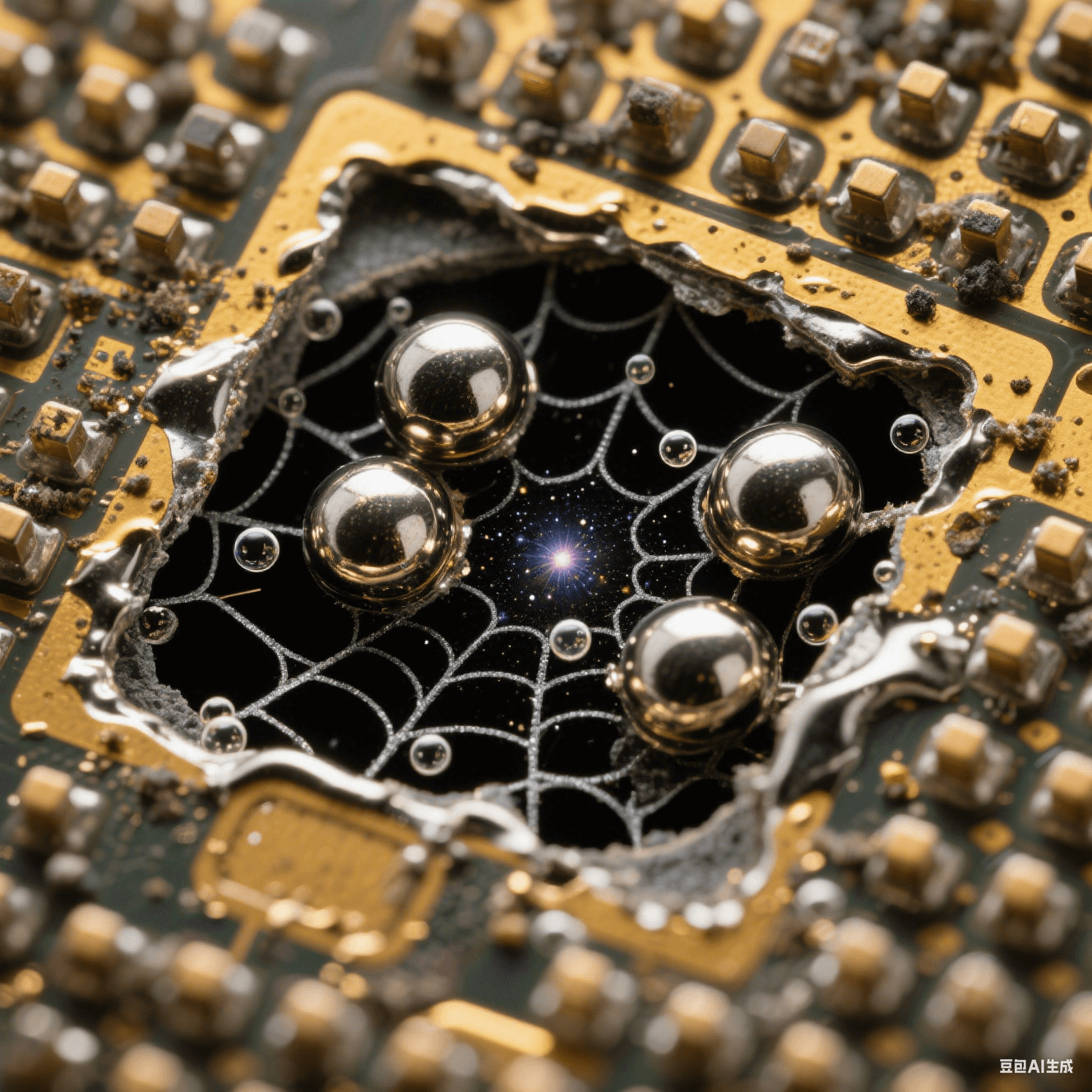 球柵陣列焊點(diǎn)剖開顯露黑色蛛網(wǎng)空洞，錫球內(nèi)氣泡星云狀分布，鍍金焊盤殘留污染物，熔融焊錫鏡面反光深焦透視