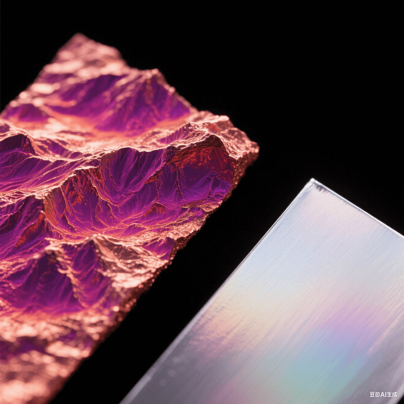 電子顯微鏡下粗糙與光滑銅箔對(duì)比，紫紅熱力圖標(biāo)示局部高溫，冷銀色鍍層泛虹彩光澤，黑色背景突顯微觀表面結(jié)構(gòu)