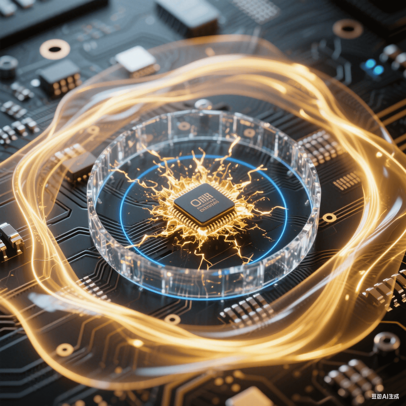 黑色PCB芯片爆發(fā)環(huán)狀金色能量波形成閉合光環(huán)，透明水晶屏障截?cái)嗦窂?，藍(lán)色同心圓阻尼波從電容區(qū)擴(kuò)散