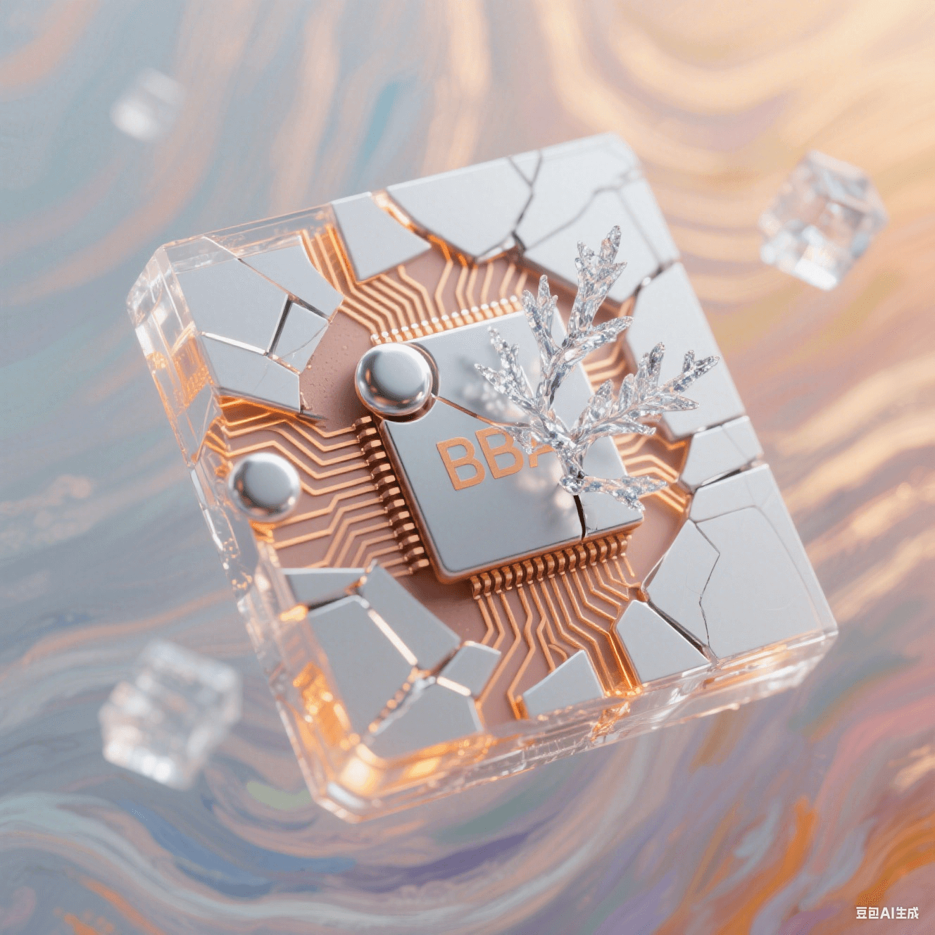 銀白色 BGA 焊球裂痕內(nèi)生長冰晶錫枝，暖橙光霧暈染邊緣，漸變背景呈莫奈風格，半透明幾何體與光絲矩陣構(gòu)成的幾何解構(gòu)畫面