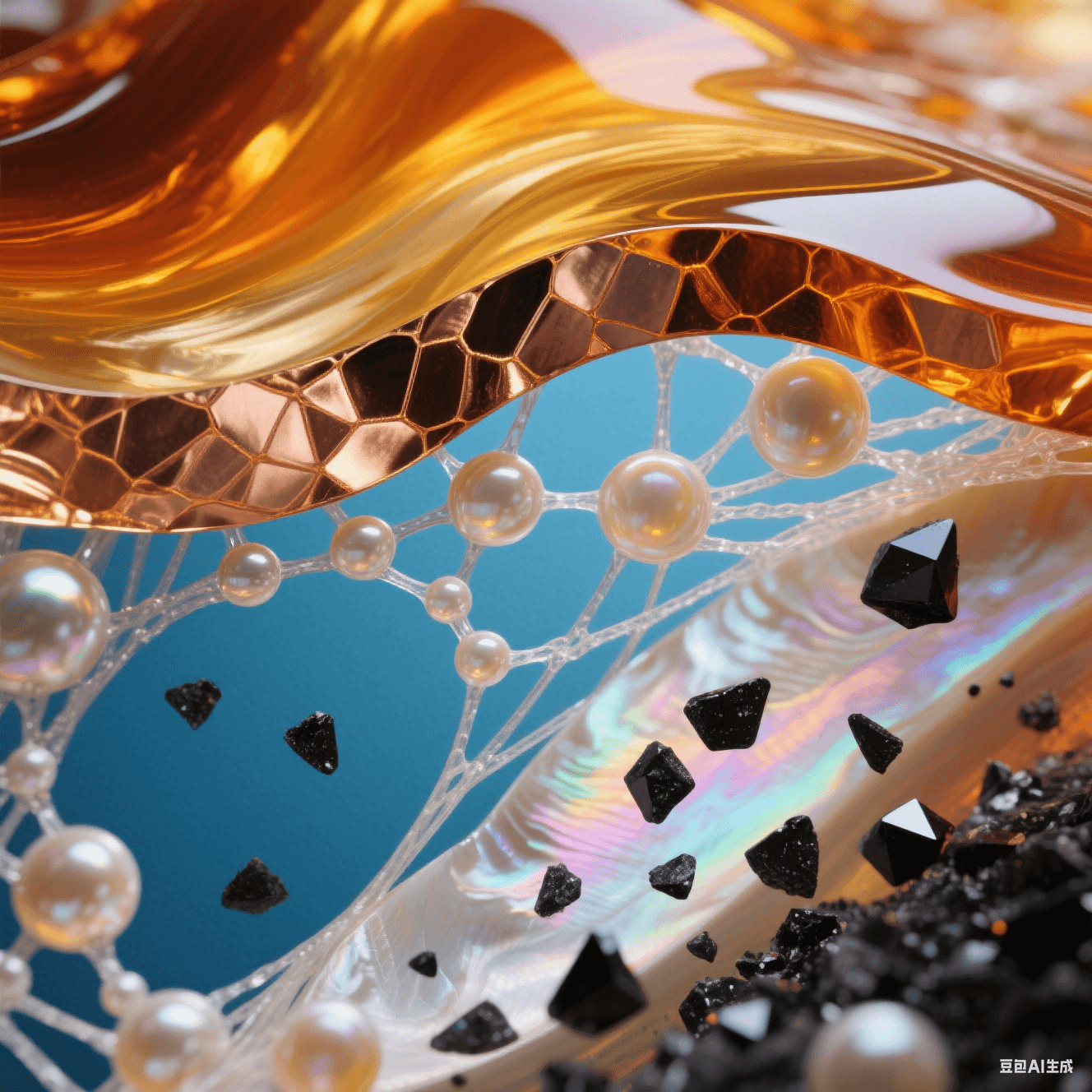琥珀色樹脂與鎏金銅箔分離，層間涌出珍珠母貝氣泡，玻璃纖維化作發(fā)光絲線，藍橙熱應(yīng)力波與虹光結(jié)晶交織的動力學美學場景