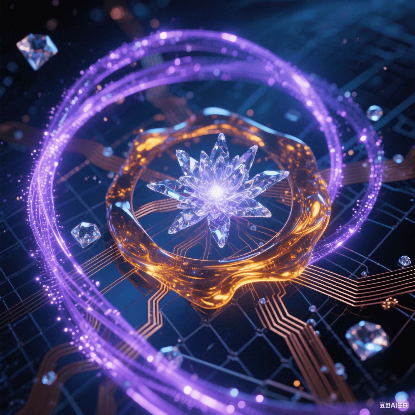 幽藍色玻纖上琥珀樹脂流淌液態(tài)光影，紫色離子粒子流在納米縫隙舞動成星系漩渦，光導纖維網(wǎng)絡(luò)故障點綻放水晶能量花簇的光影藝術(shù)表現(xiàn)