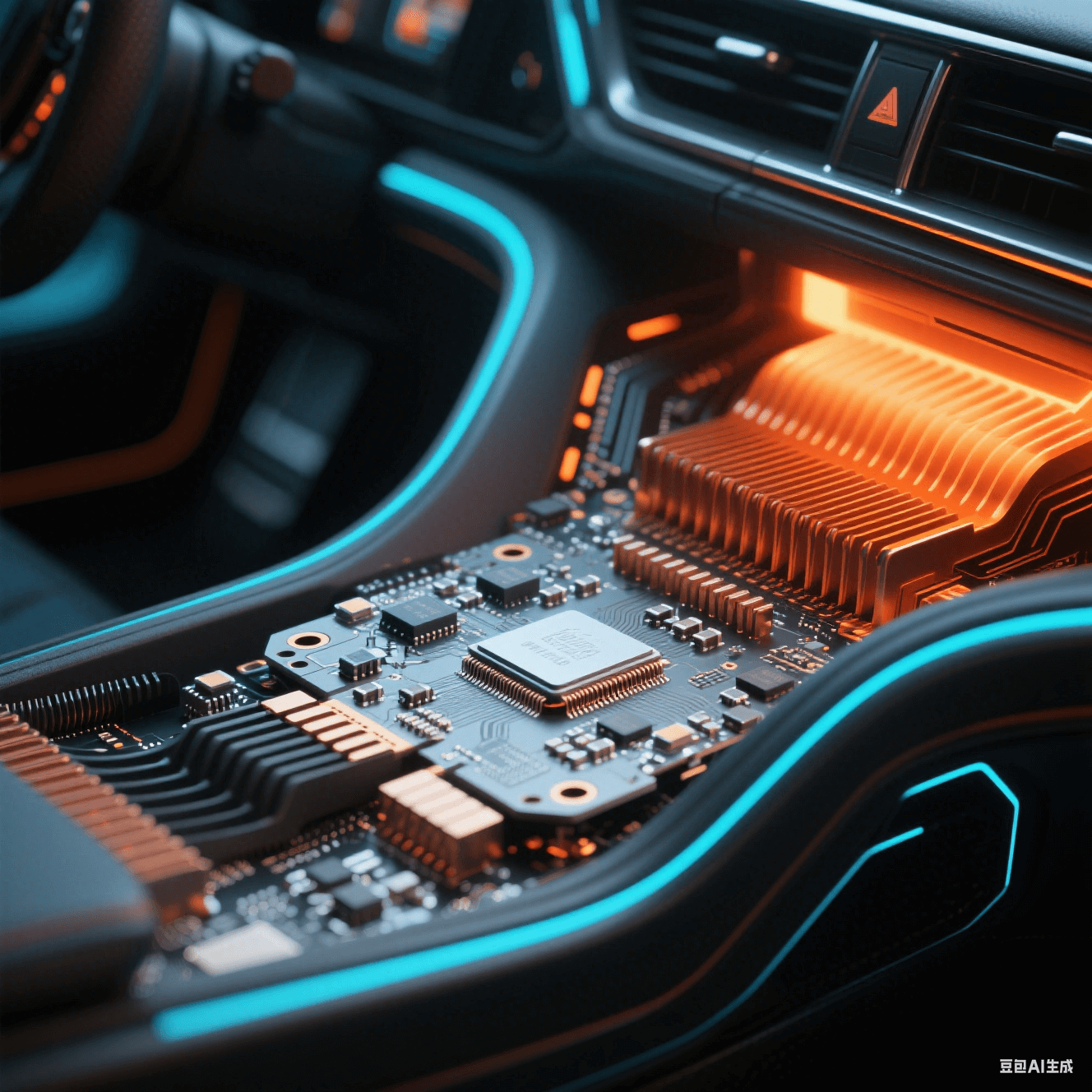 汽車中控臺域控制器內(nèi)部 - 銀灰色基板密集元件 - 銅橙色散熱鰭片 - 熱過孔陣列紅外熱力圖 - 剛?cè)峤Y(jié)合板啞光黑 FPC 彎曲結(jié)構(gòu) - 冷藍電路光效與暖橙散熱光對比 汽車中控臺域控制器內(nèi)部 - 銀灰色基板密集元件 - 銅橙色散熱鰭片 - 熱過孔陣列紅外熱力圖 - 剛?cè)峤Y(jié)合板啞光黑 FPC 彎曲結(jié)構(gòu) - 冷藍電路光效與暖橙散熱光對比