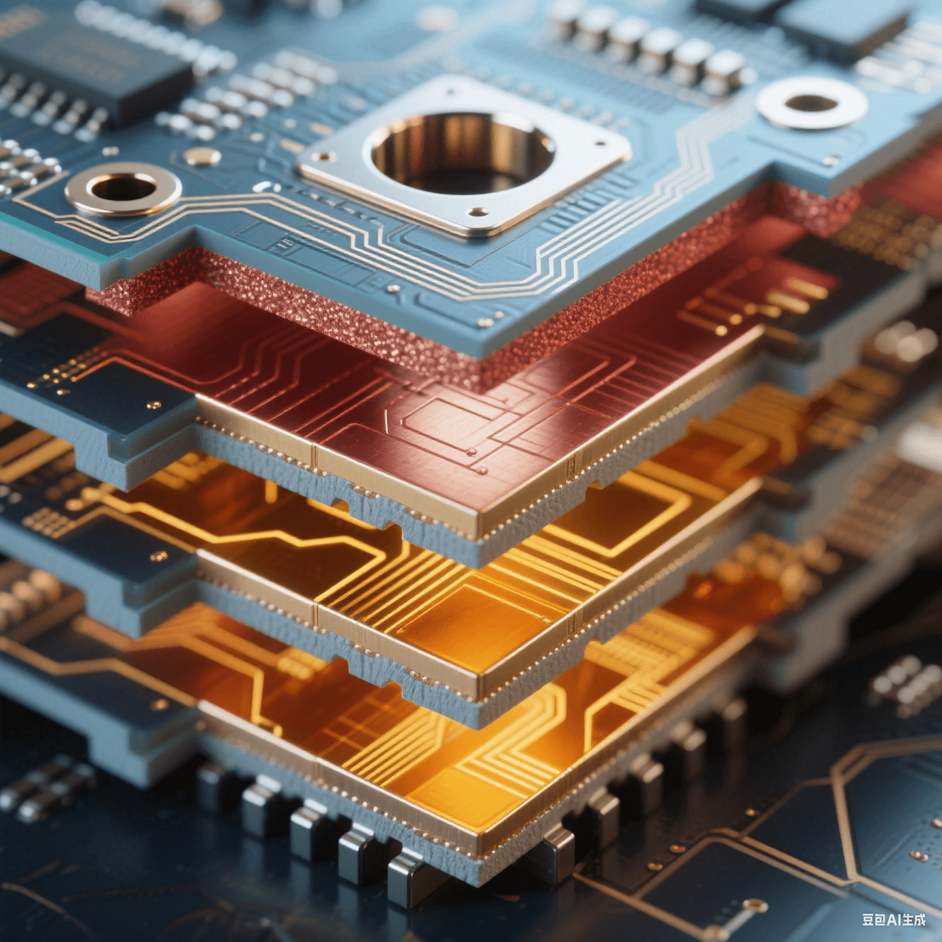 六層電路板橫截面顯微圖(放大 100 倍)- 藍灰 / 金 / 銅色交替層壓 - 厚銅紅色電源層 - 金色正交信號走線 - 半透明琥珀色樹脂層間填充 - 邊緣應(yīng)力釋放槽機械切割面 - 冷白光投射孔壁高光 六層電路板橫截面顯微圖(放大 100 倍)- 藍灰 / 金 / 銅色交替層壓 - 厚銅紅色電源層 - 金色正交信號走線 - 半透明琥珀色樹脂層間填充 - 邊緣應(yīng)力釋放槽機械切割面 - 冷白光投射孔壁高光