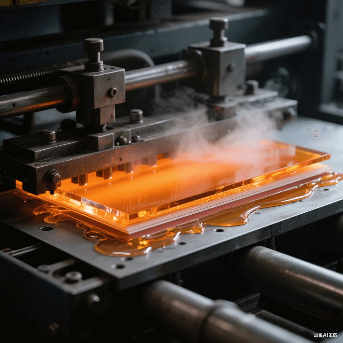 工業(yè)級層壓機工藝特寫 - 鋼板夾層中琥珀色樹脂高溫流動 - 350psi 壓力形成薄介質(zhì)層 - 分層材料邊緣晶瑩膠體 - 熱壓板反射熾熱橙光 - 深灰機械結(jié)構(gòu)與蒸汽朦朧效果 工業(yè)級層壓機工藝特寫 - 鋼板夾層中琥珀色樹脂高溫流動 - 350psi 壓力形成薄介質(zhì)層 - 分層材料邊緣晶瑩膠體 - 熱壓板反射熾熱橙光 - 深灰機械結(jié)構(gòu)與蒸汽朦朧效果