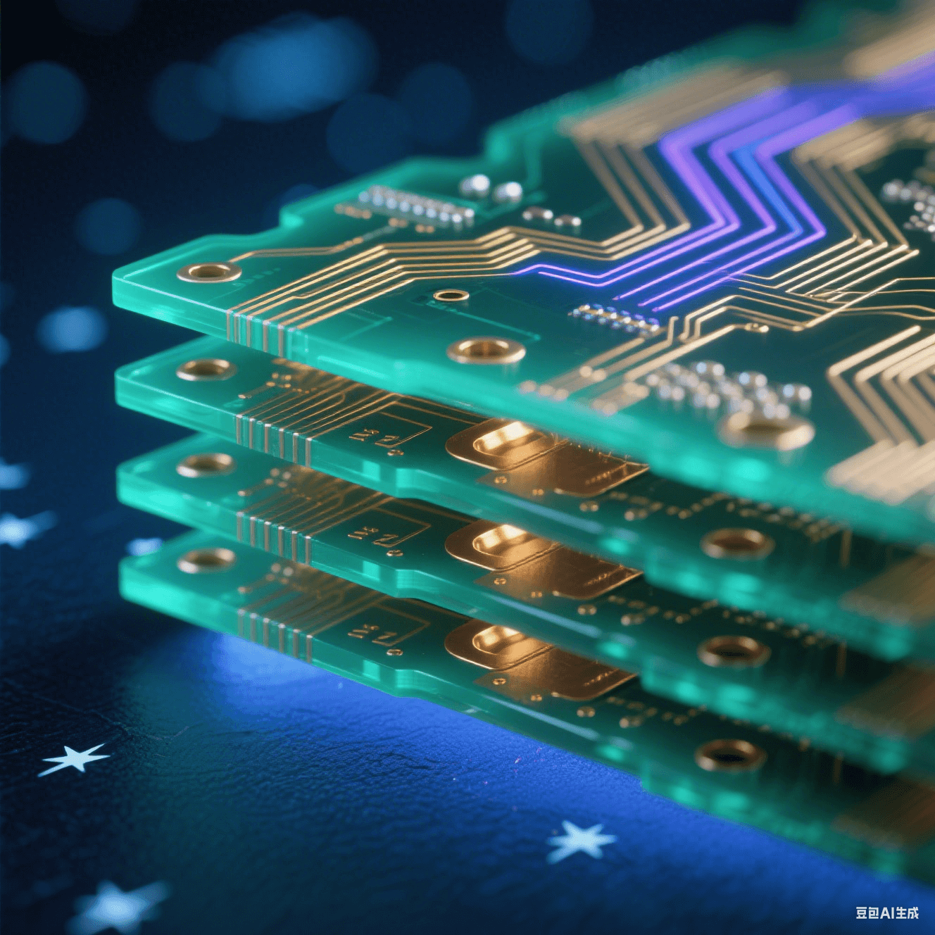 多層電路板剖面透視圖：翡翠綠半透明基材中嵌入黃金銅箔走線，表面流動(dòng)藍(lán)紫色光軌，深藍(lán)地平面泛光暈，冷白星點(diǎn)懸浮背景，啞光過(guò)孔陣列貫穿層間