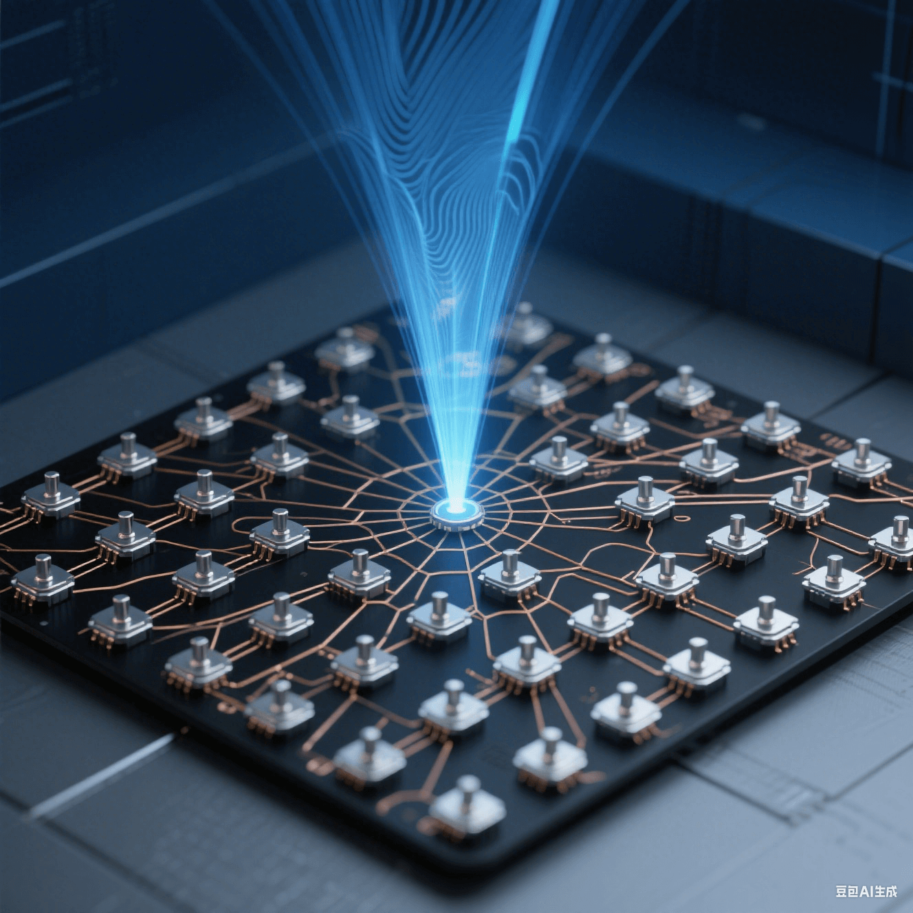 俯視視角的 5G 基站陣列，256 個(gè)銀色金屬觸點(diǎn)呈蜂巢矩陣排布，微米級(jí)銅線交織，漸變藍(lán)光束狀毫米波信號(hào)形成干涉波紋，背景深空藍(lán)與霧灰色模擬信號(hào)穿墻衰減