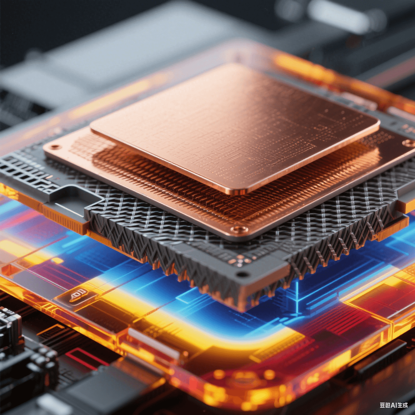 爆炸式解構(gòu)視圖展示材料創(chuàng)新，中心 ALD 超薄銅膜（<50nm）呈分子級(jí)紋理，中層 BT 樹脂顯玻璃纖維結(jié)構(gòu)，外層 LCP 材料帶透明琥珀光澤，邊緣有藍(lán)紅黃紅外熱成像色斑
