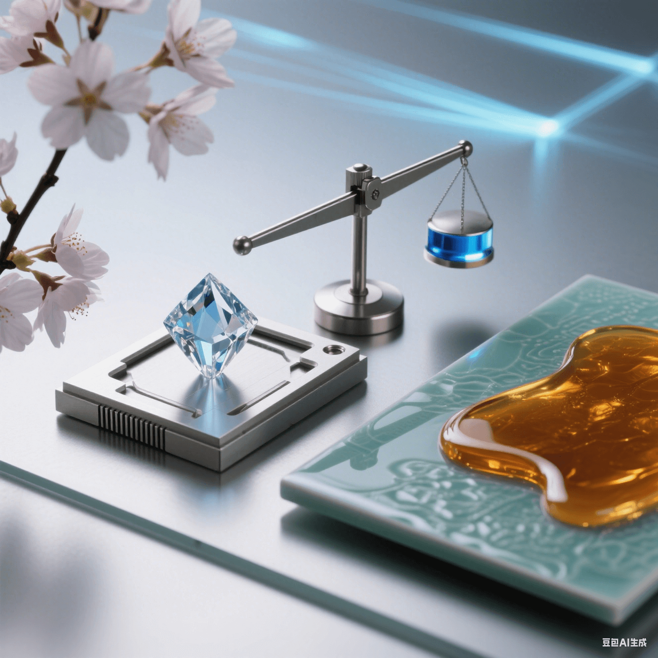 櫻花映襯下，鉆石晶體放金屬臺，中央天平偏向右端藍(lán)光砝碼，琥珀流體漫過青瓷托盤，科技背景暗喻價值的多維權(quán)衡