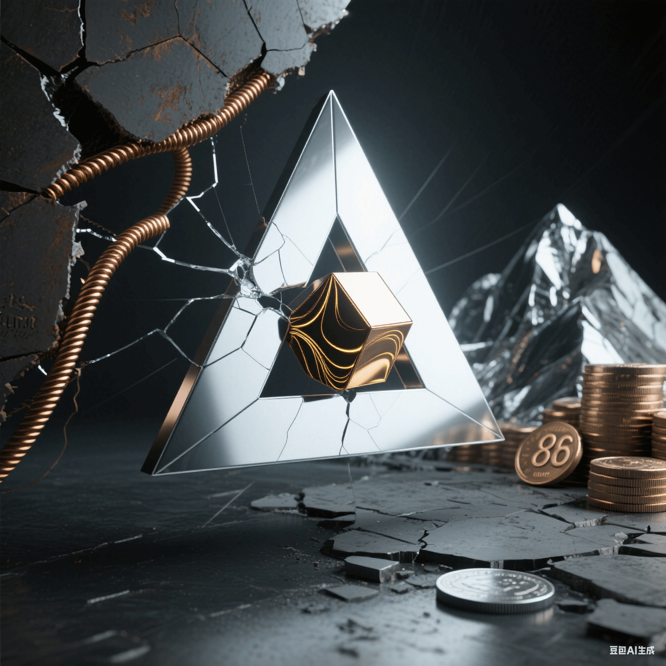暗調(diào)背景下，破碎的銀色金屬三角內(nèi)嵌金色紋理立方體，銅色螺旋線與刻‘86’的硬幣環(huán)繞，呈現(xiàn)工業(yè)破碎與奢華的沖突感