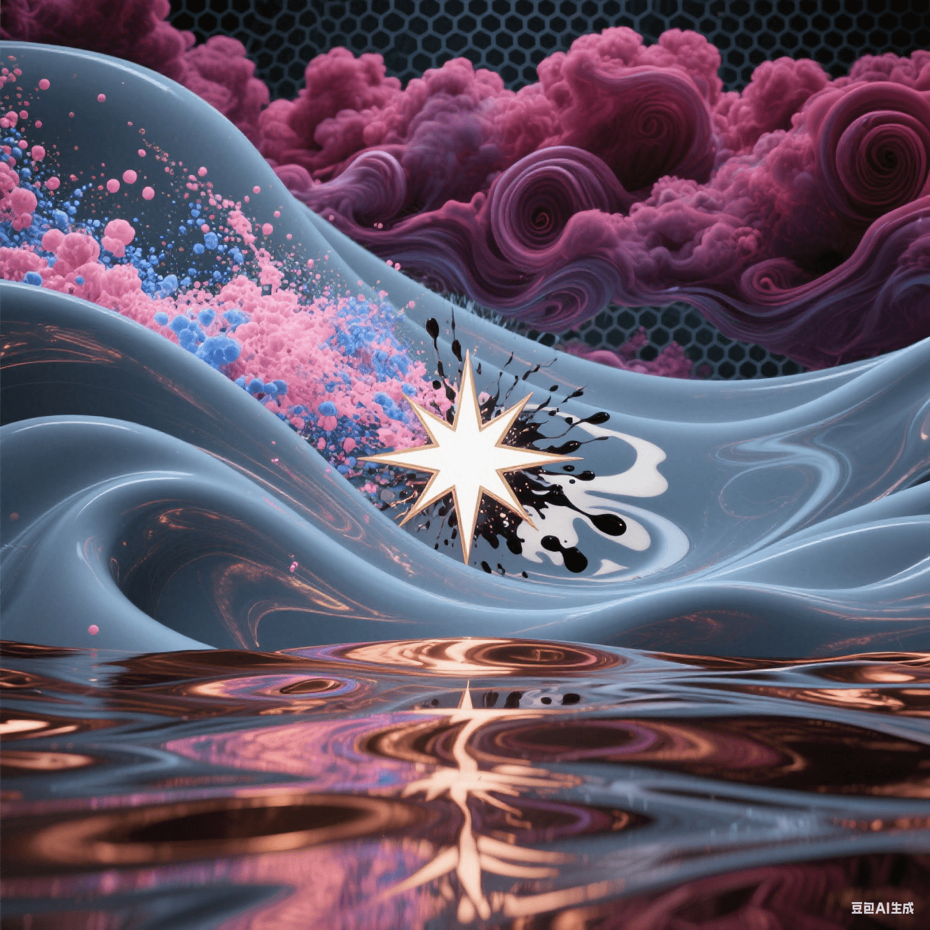 多層青灰介質(zhì)邊界涌出紫紅渦旋云，櫻色與鈷藍(lán)粒子流碰撞炸裂白金星芒，干擾波紋如墨染牛奶，底部銅箔倒影扭曲變形