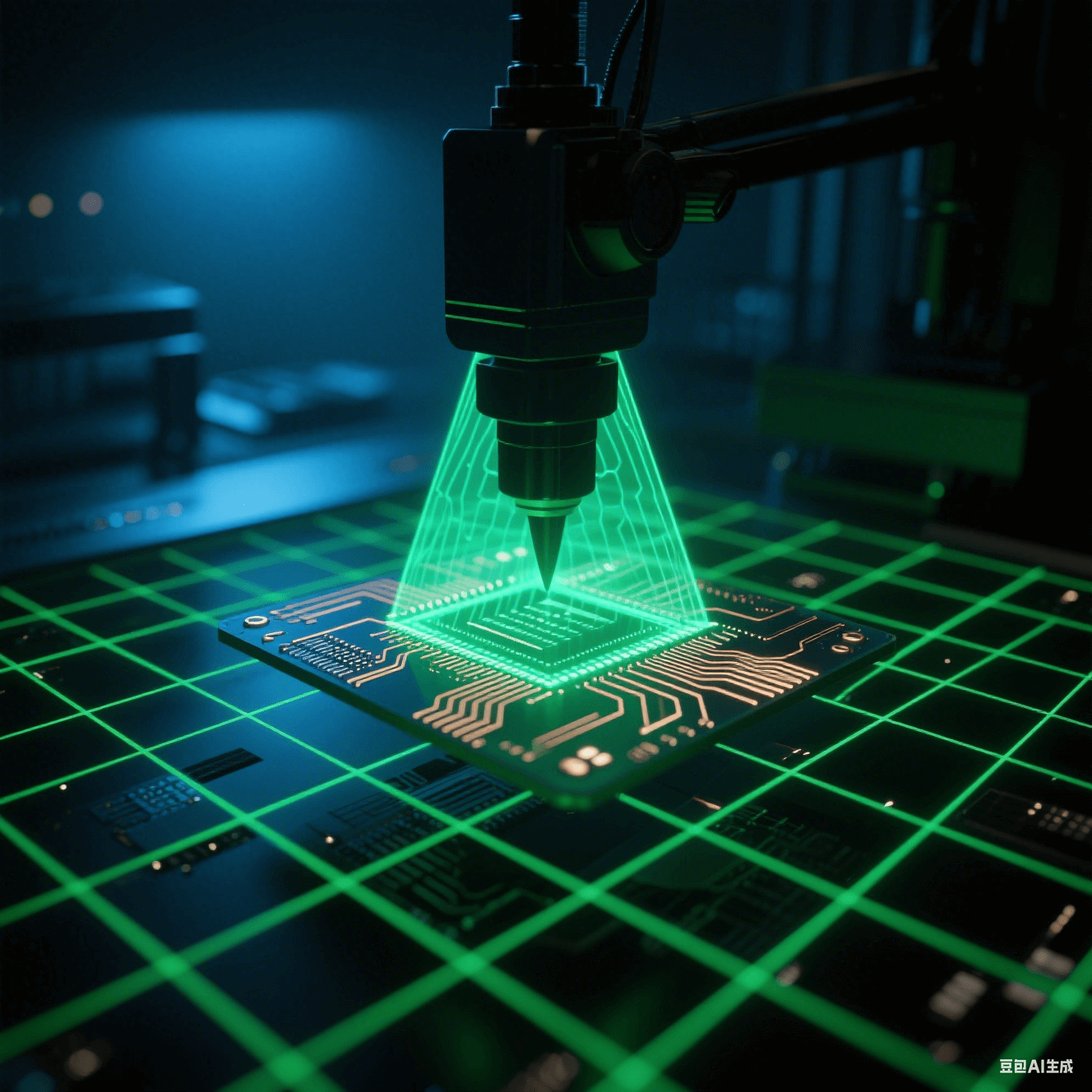 綠色激光網(wǎng)格掃描過懸浮的基板，在銅線路上折射出細(xì)密光網(wǎng)。X射線穿透基板形成內(nèi)部結(jié)構(gòu)的翡翠色透視光影，檢測(cè)探頭投射銳利三角陰影，背景彌漫電子藍(lán)霧光。