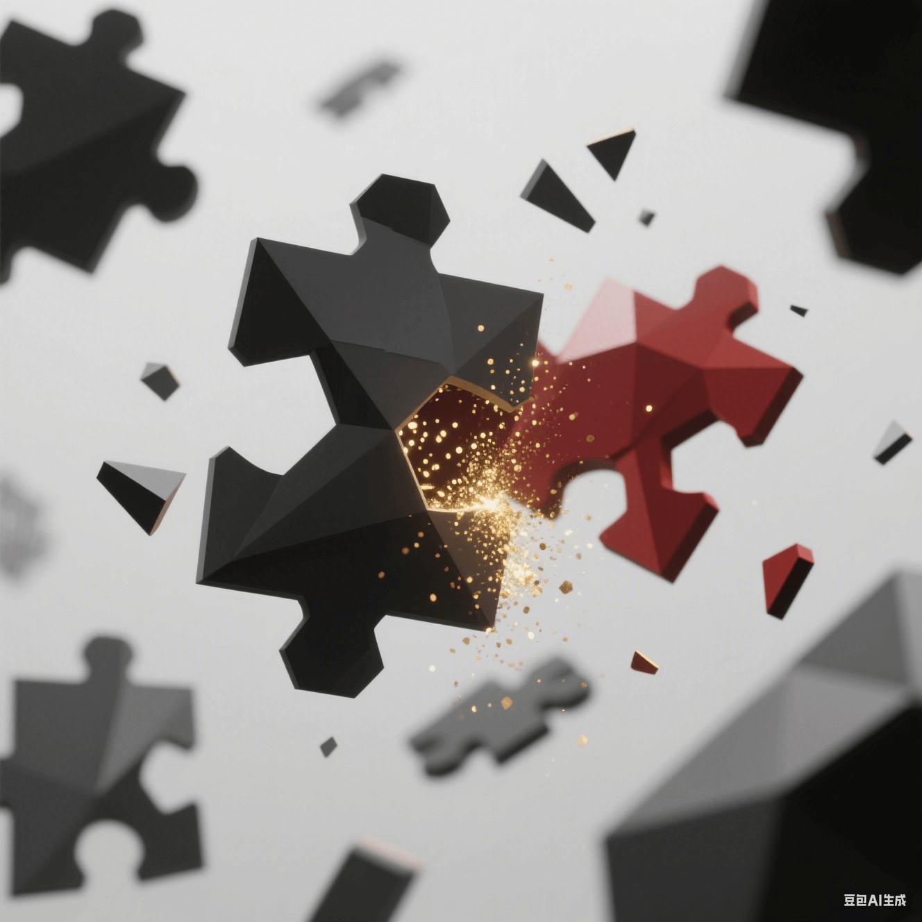 拼圖碎片懸浮空中，日系灰黑拼塊與中式朱紅拼塊碰撞，迸發(fā)金色粒子